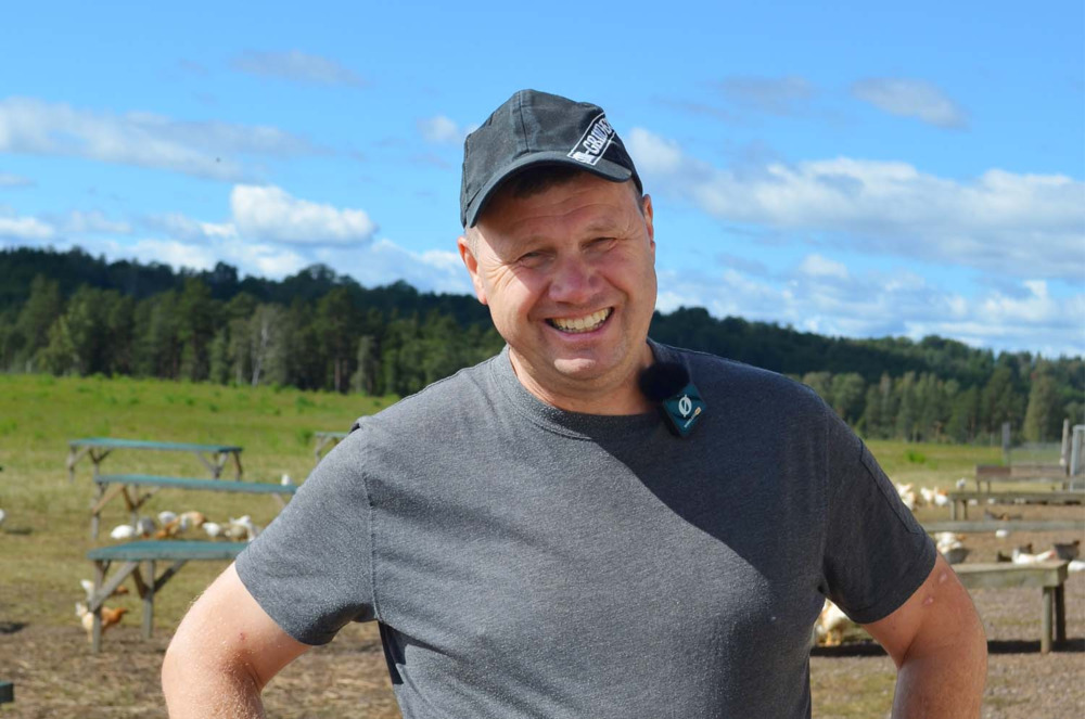 Bonde framf&ouml;r grisar i hage