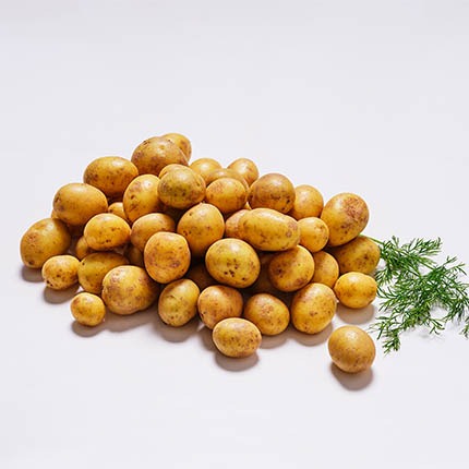 Färskpotatis i hög på vit bakgrund