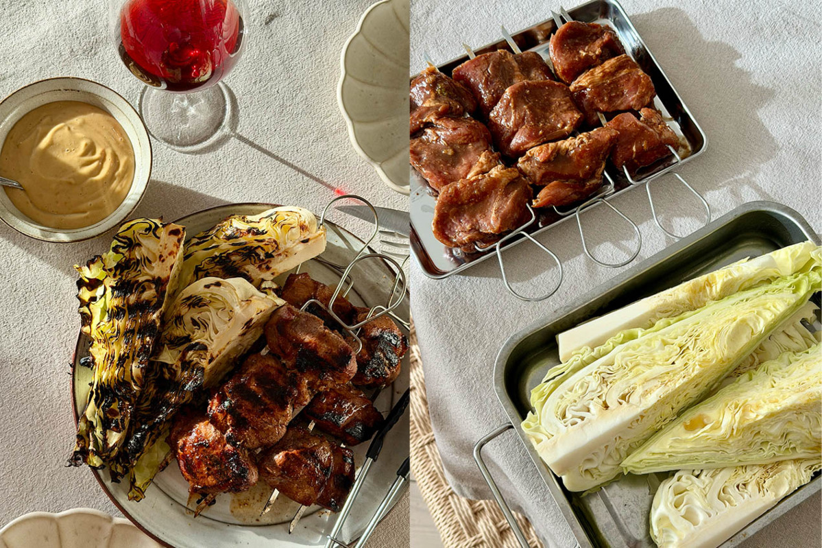 Asiatiska fläskspett med sesamgrillad spetskål och umamimajonnäs